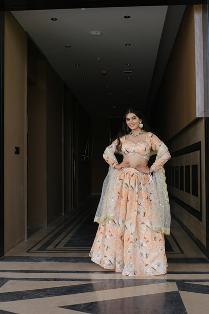 Peach Floral Embroidered Silk Lehenga