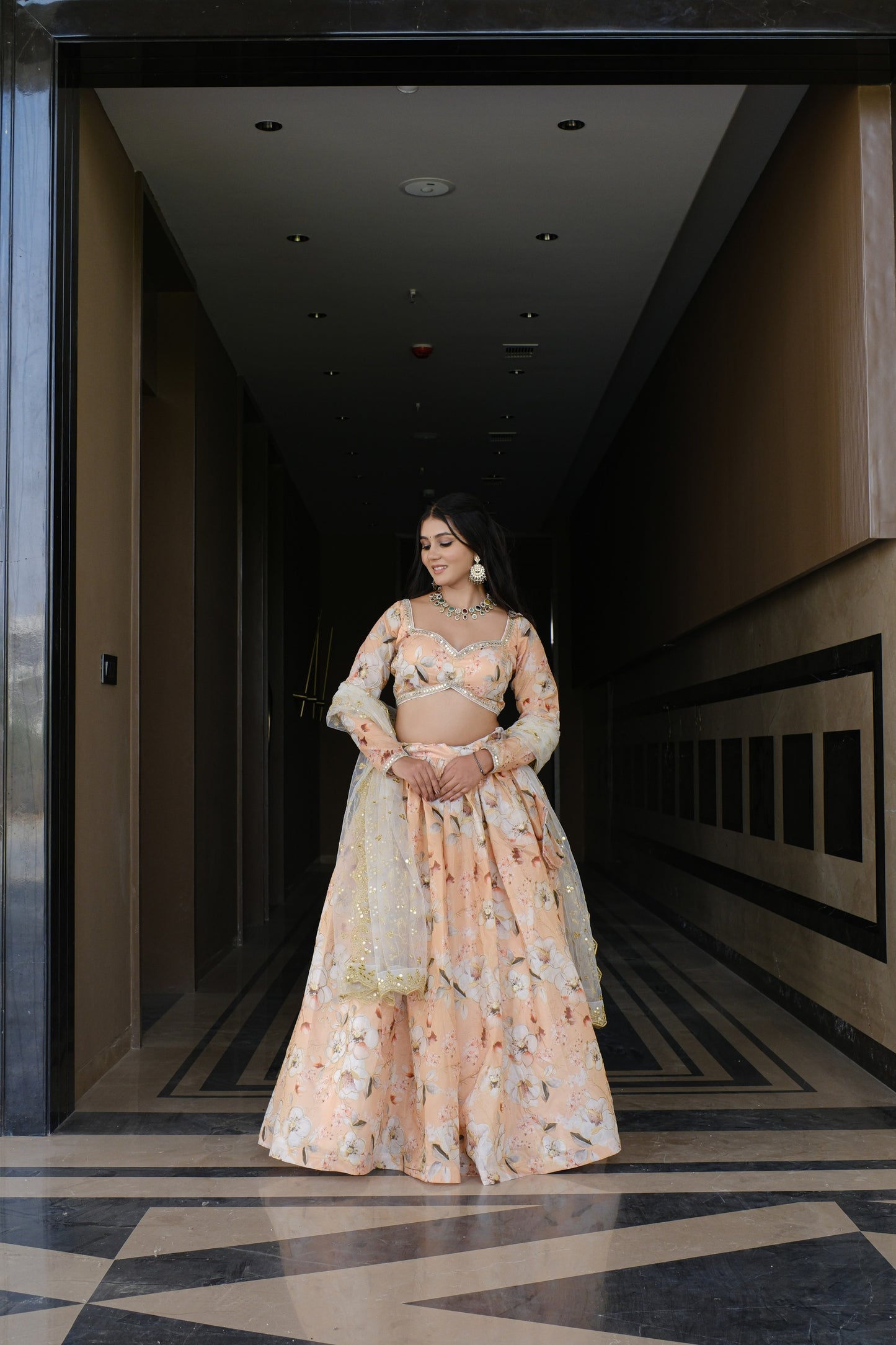 Peach Floral Embroidered Silk Lehenga
