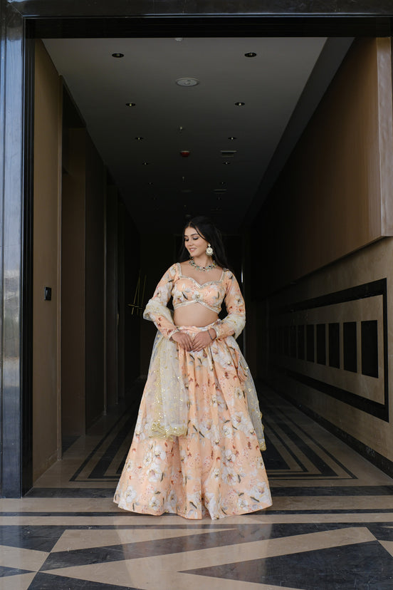 Peach Floral Embroidered Silk Lehenga
