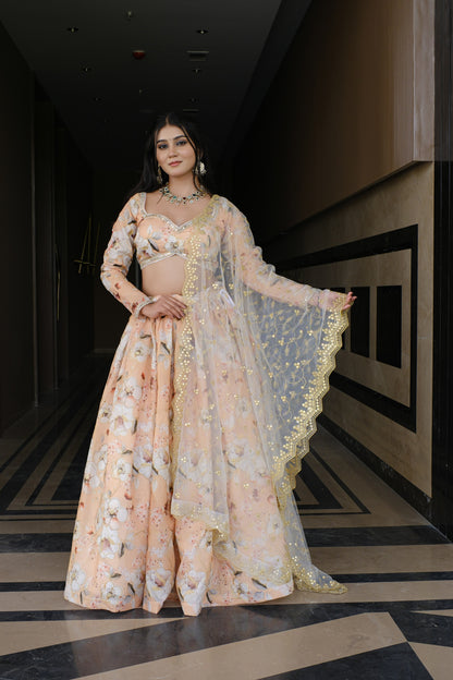 Peach Floral Embroidered Silk Lehenga