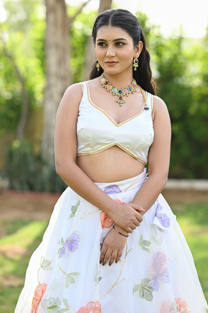 White Multicolor Floral Embroidered Organza Lehenga
