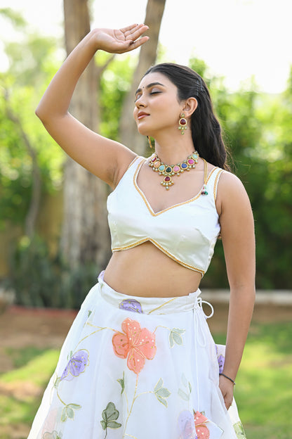 White Multicolor Floral Embroidered Organza Lehenga