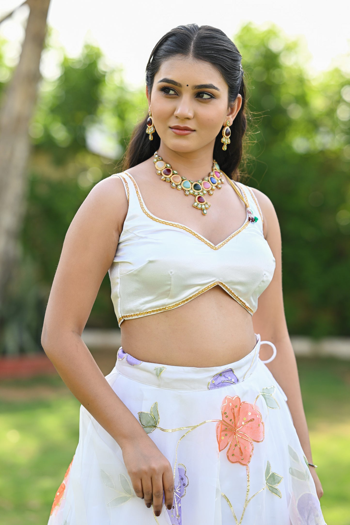 White Multicolor Floral Embroidered Organza Lehenga