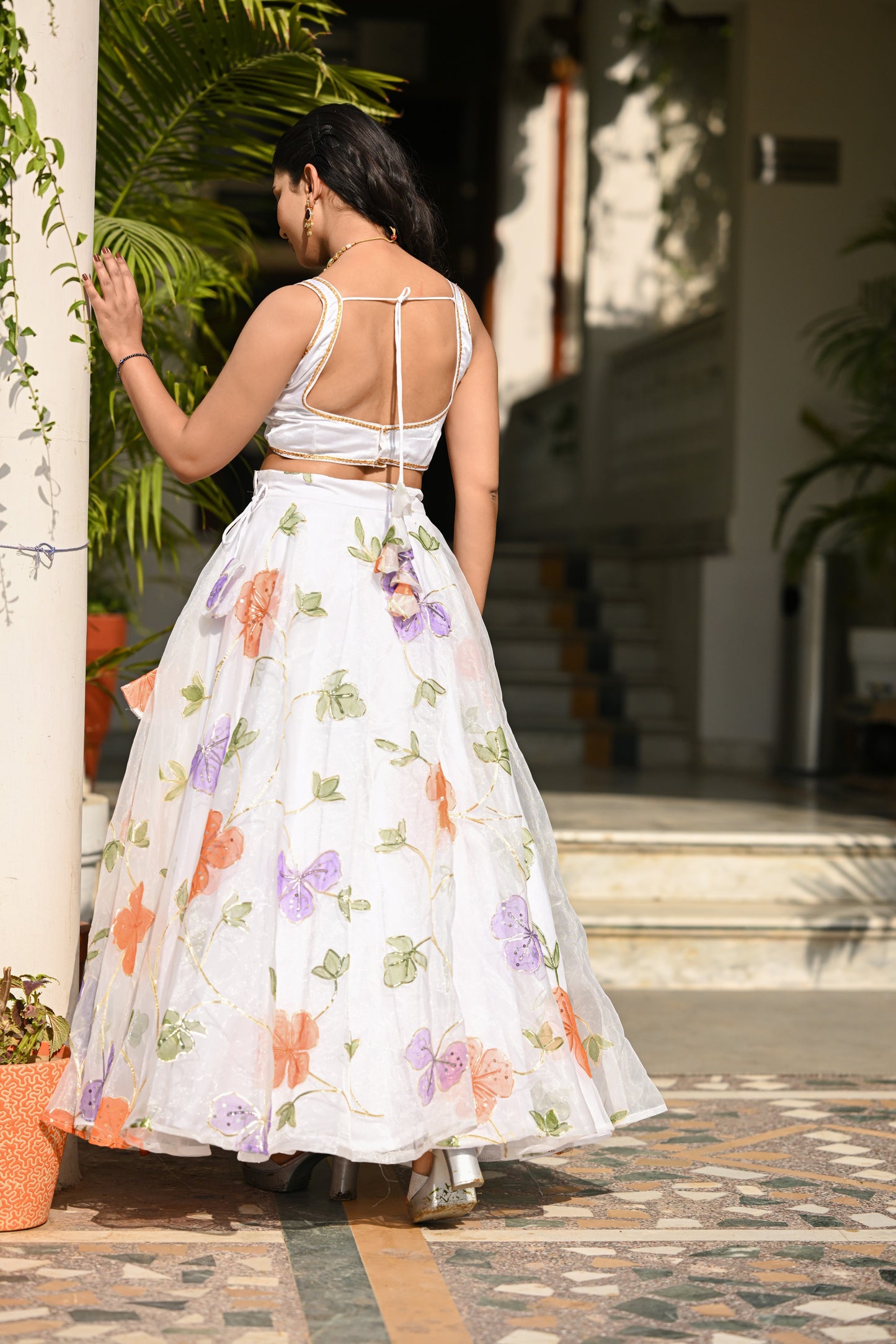 White Multicolor Floral Embroidered Organza Lehenga