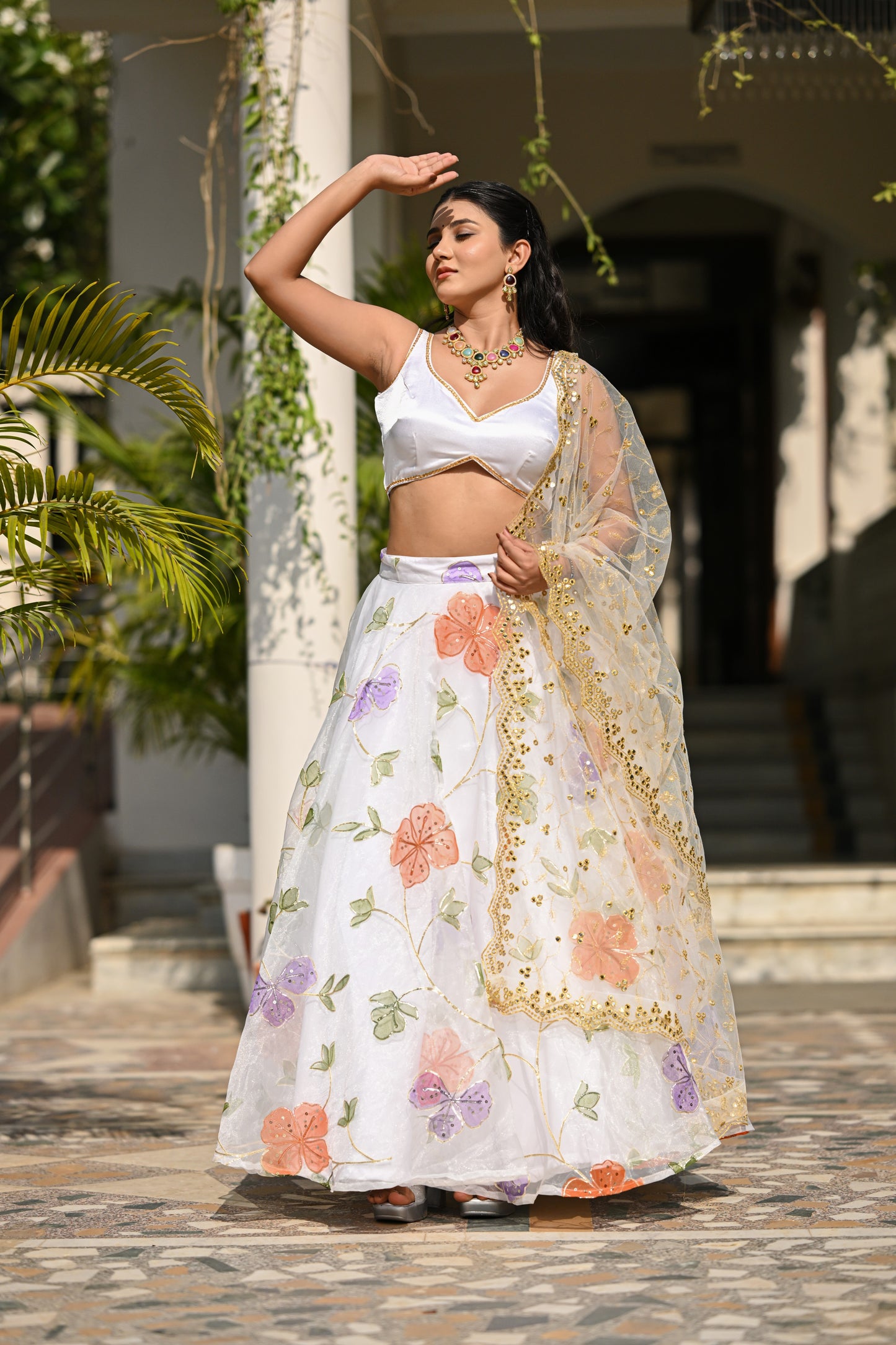 White Multicolor Floral Embroidered Organza Lehenga