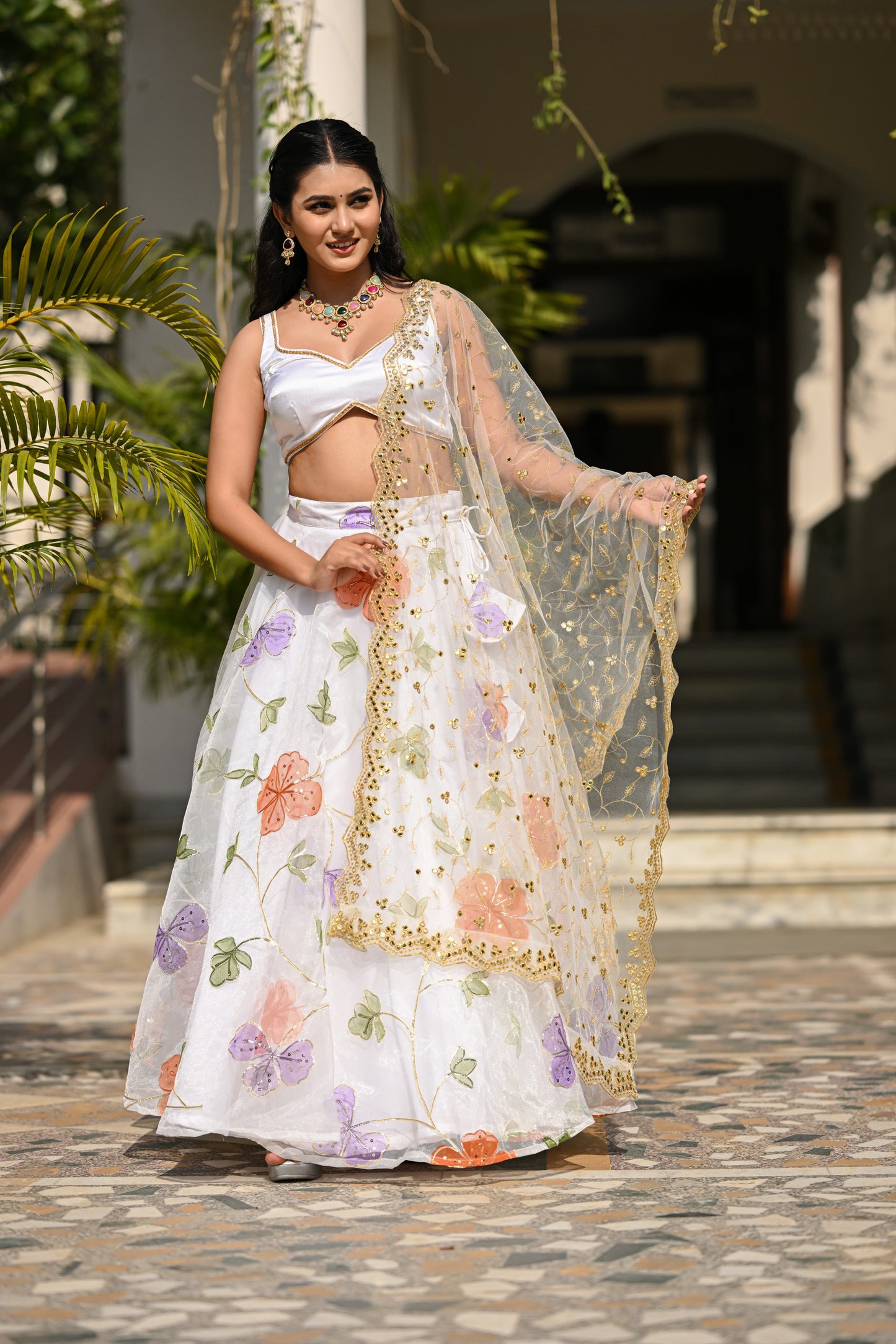 White Multicolor Floral Embroidered Organza Lehenga