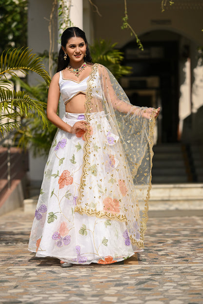 White Multicolor Floral Embroidered Organza Lehenga
