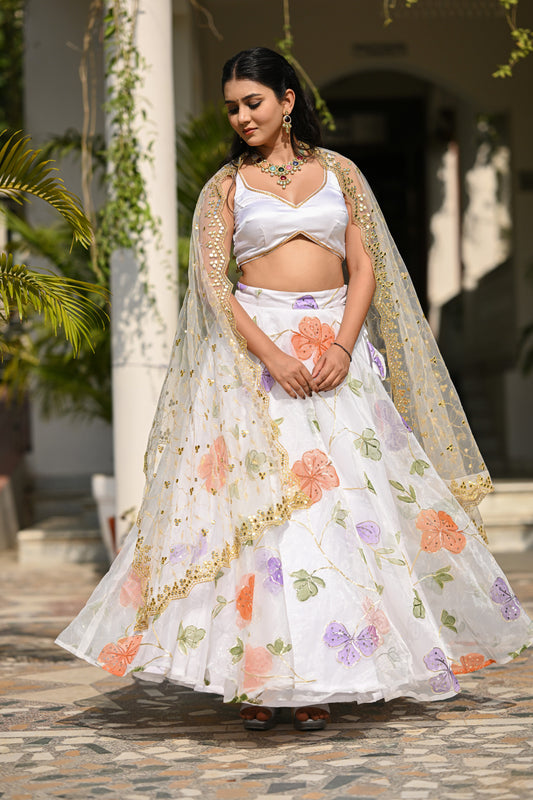 White Multicolor Floral Embroidered Organza Lehenga