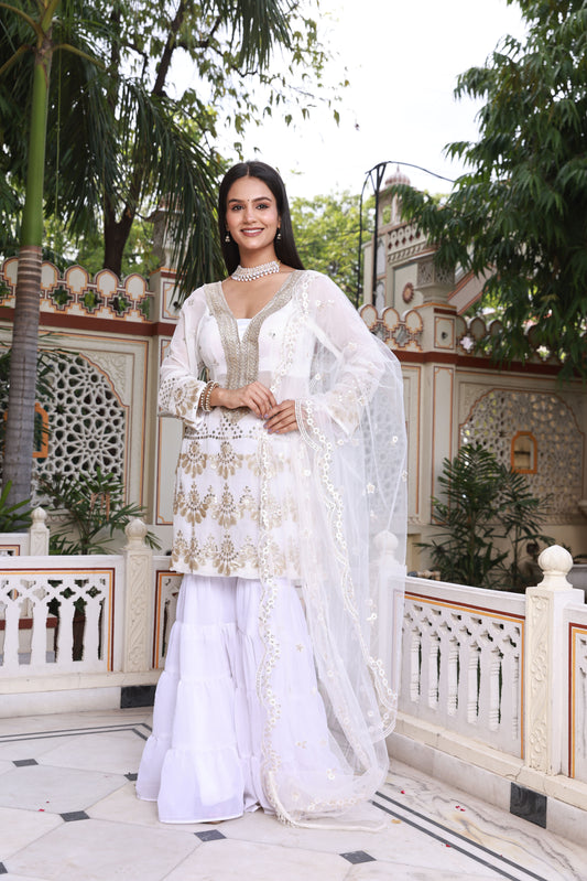 White Sparkle Embroidered Georgette Garara