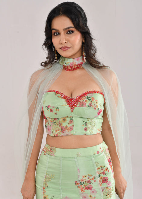 Mint Green Floral Hand-Embroidered Glass Tissue Fishcut Lehenga