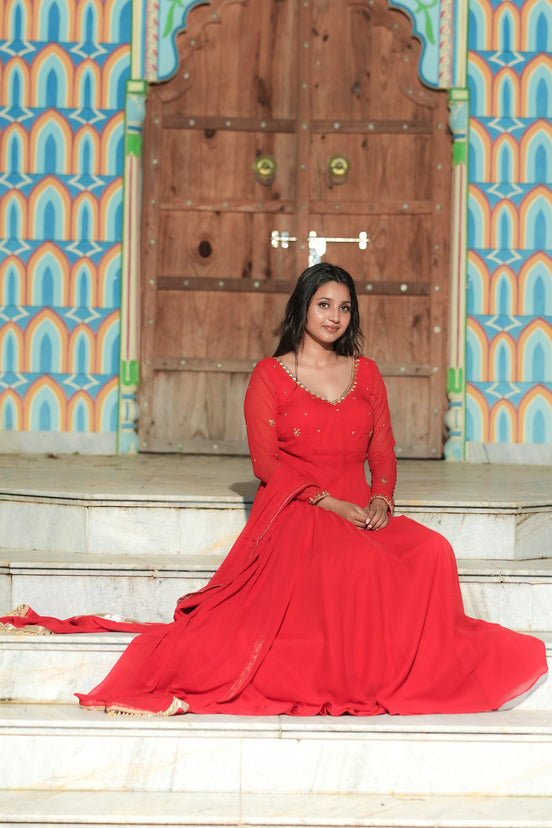 Red Handwork georgette Anarkali