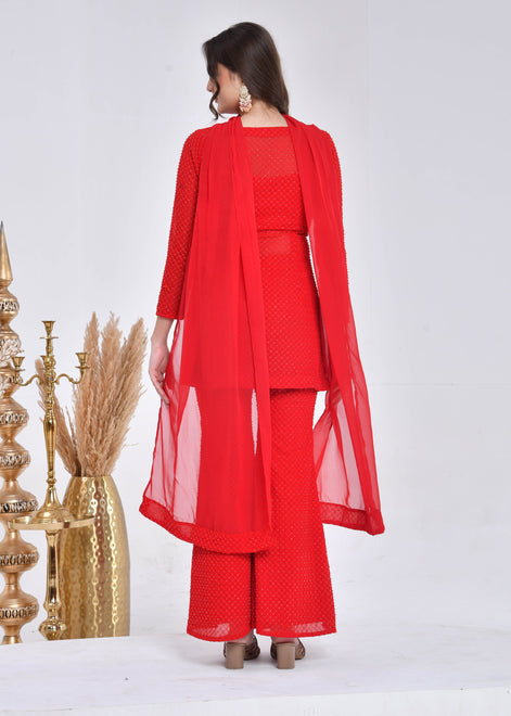 Bright Red Hand-Embroidered Georgette Sharara Suit