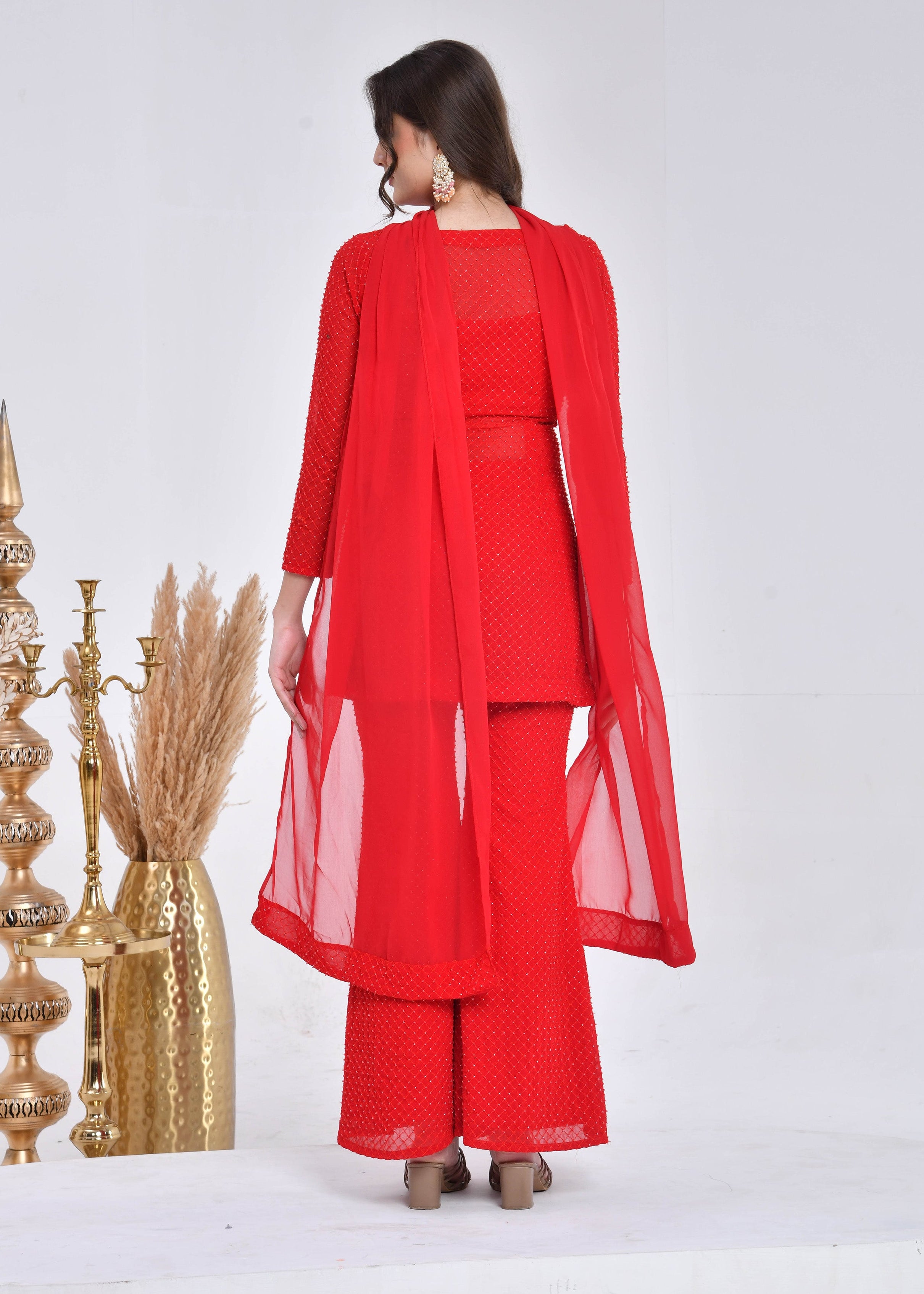 Bright Red Hand-Embroidered Georgette Sharara Suit