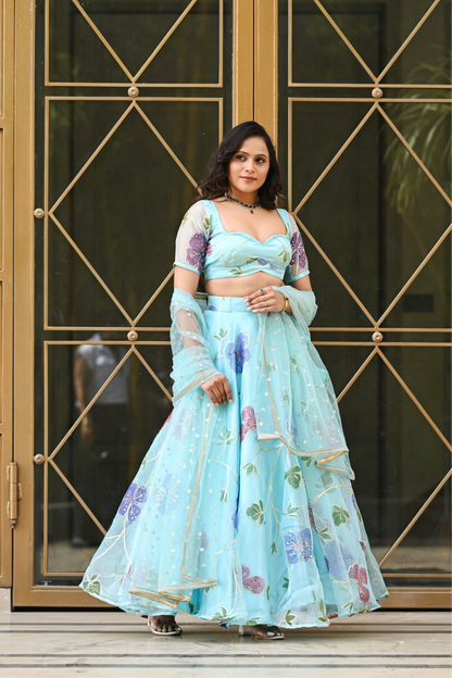 Light Blue Multicolor Floral Embroidered Organza Lehenga