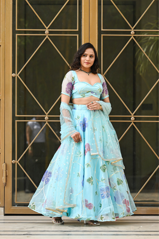 Light Blue Multicolor Floral Embroidered Organza Lehenga
