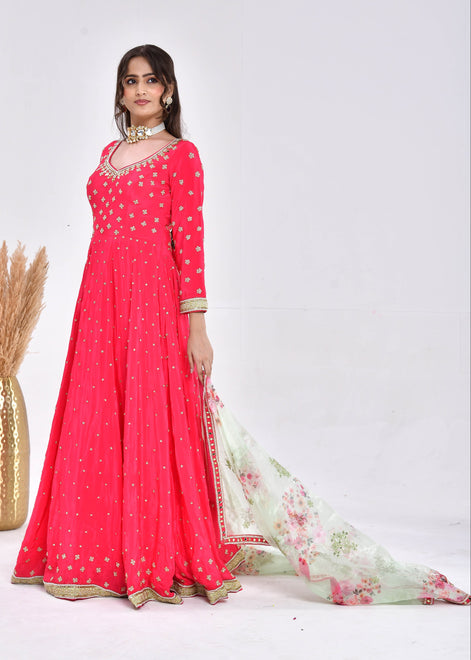 Hot Pink Hand-Embroidered Silk Anarkali Suit
