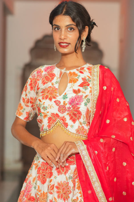 White Multicolor Floral Embroidered Silk Lehenga