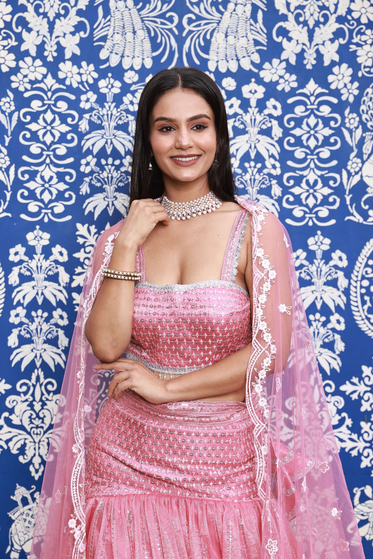 Pink Trumpet-Style Hand-Work Silk Lehenga