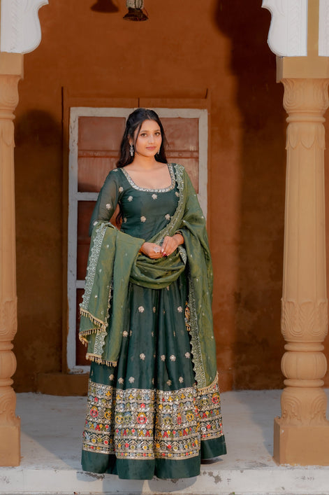 Green Embroidered Georgette Lehenga
