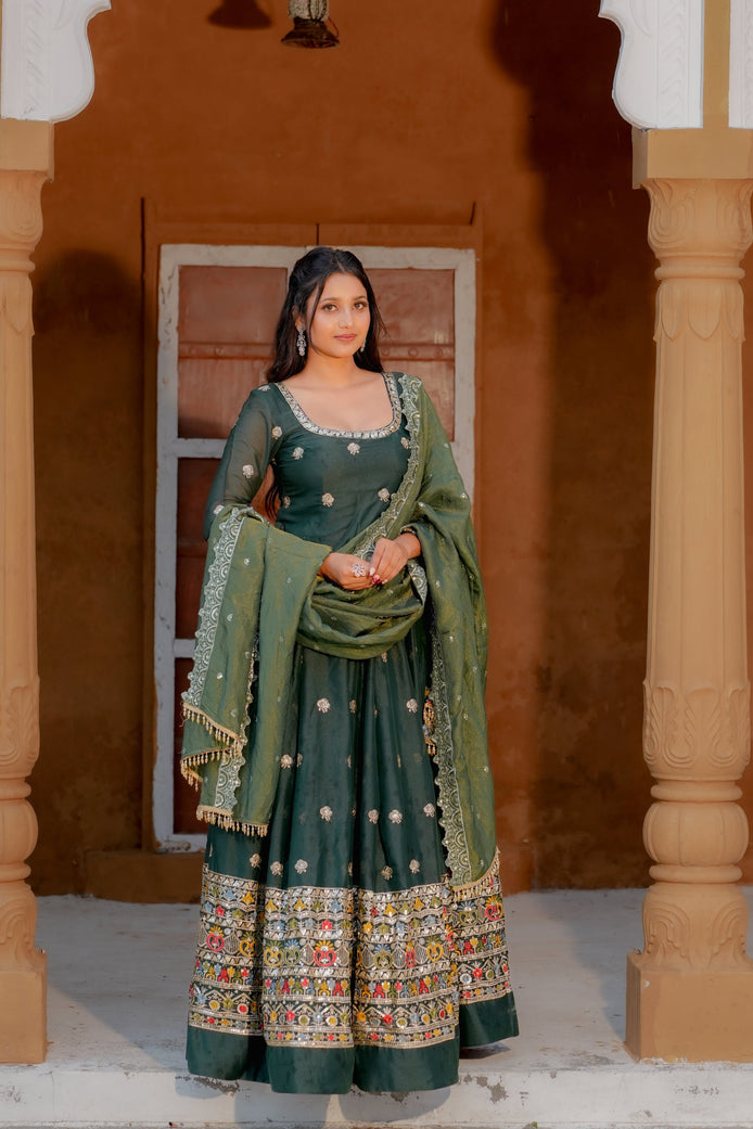 Green Embroidered Georgette Lehenga