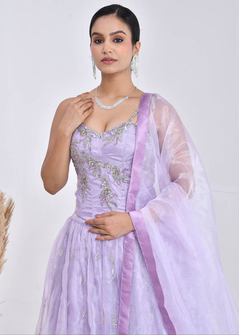 Lavender Hand-Embroidered Organza Lehenga