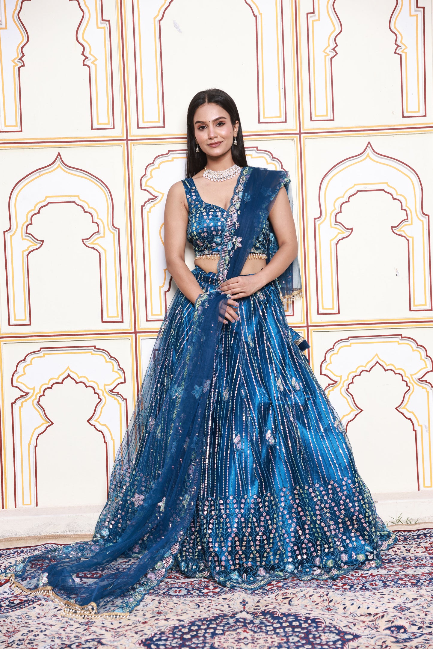 Dark Cerulean Sparkle Embroidered Net Lehenga