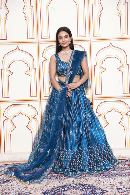 Dark Cerulean Sparkle Embroidered Net Lehenga
