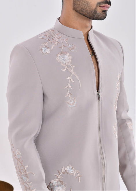 Taupe Embroidered Crepe Bandhgala Indo-Western Suit
