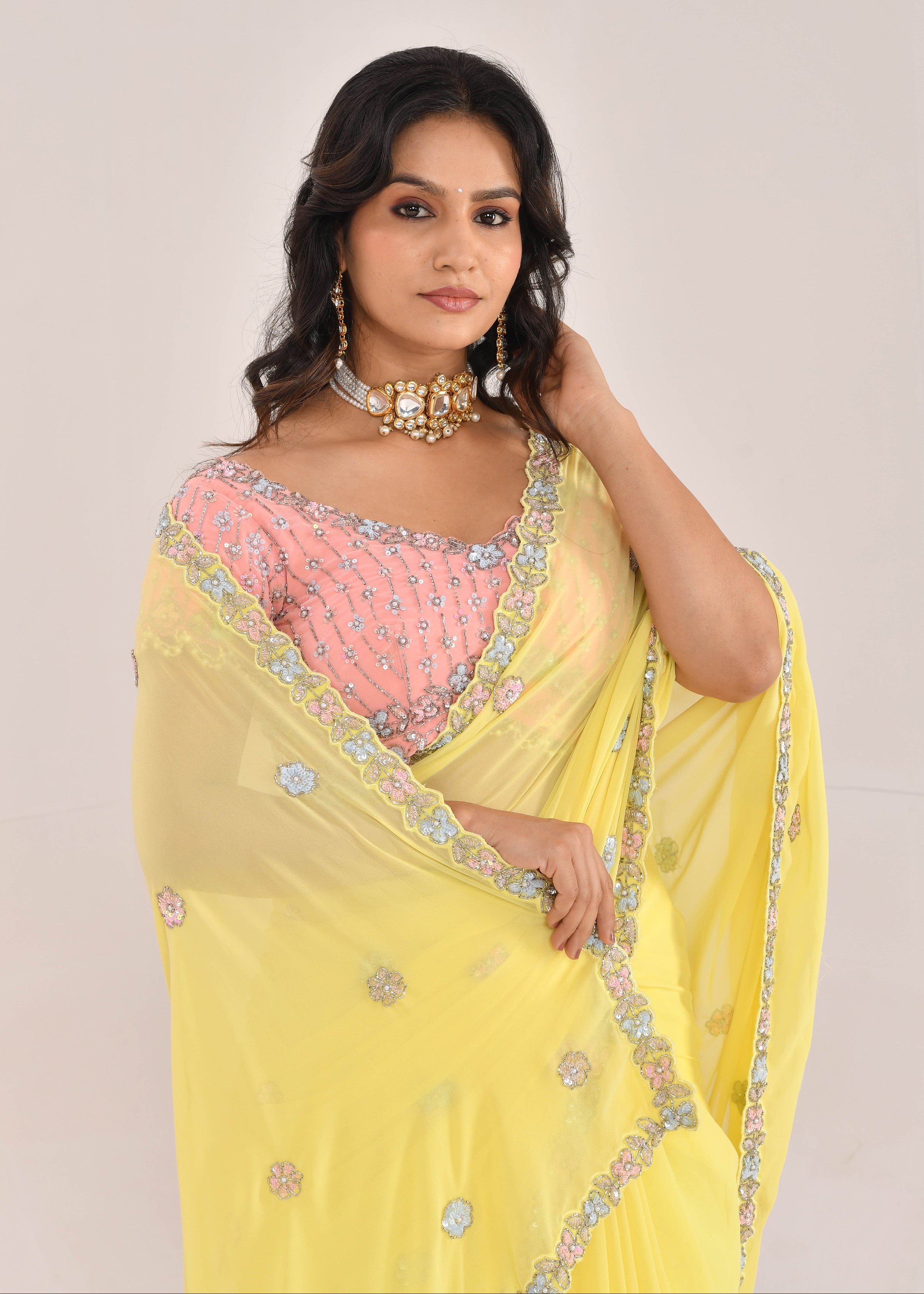 Yellow Hand-Embroidered Georgette Saree