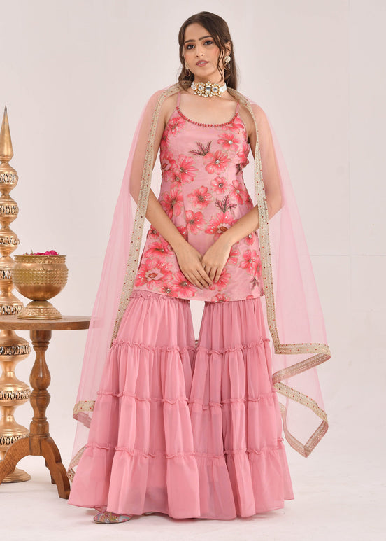 Dusty Pink Floral Printed Hand-Embroidered Georgette Sharara Suit