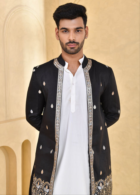 Black Embroidered Raw Silk Indo-Western Jacket Set