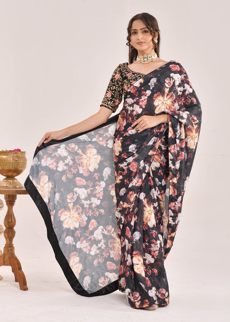 Black Floral Printed Hand-Embroidered Chiffon Saree