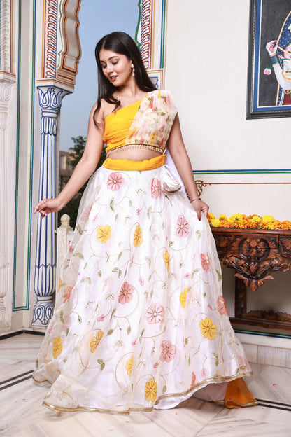 Yellow and White Multicolor Floral Organza Lehenga