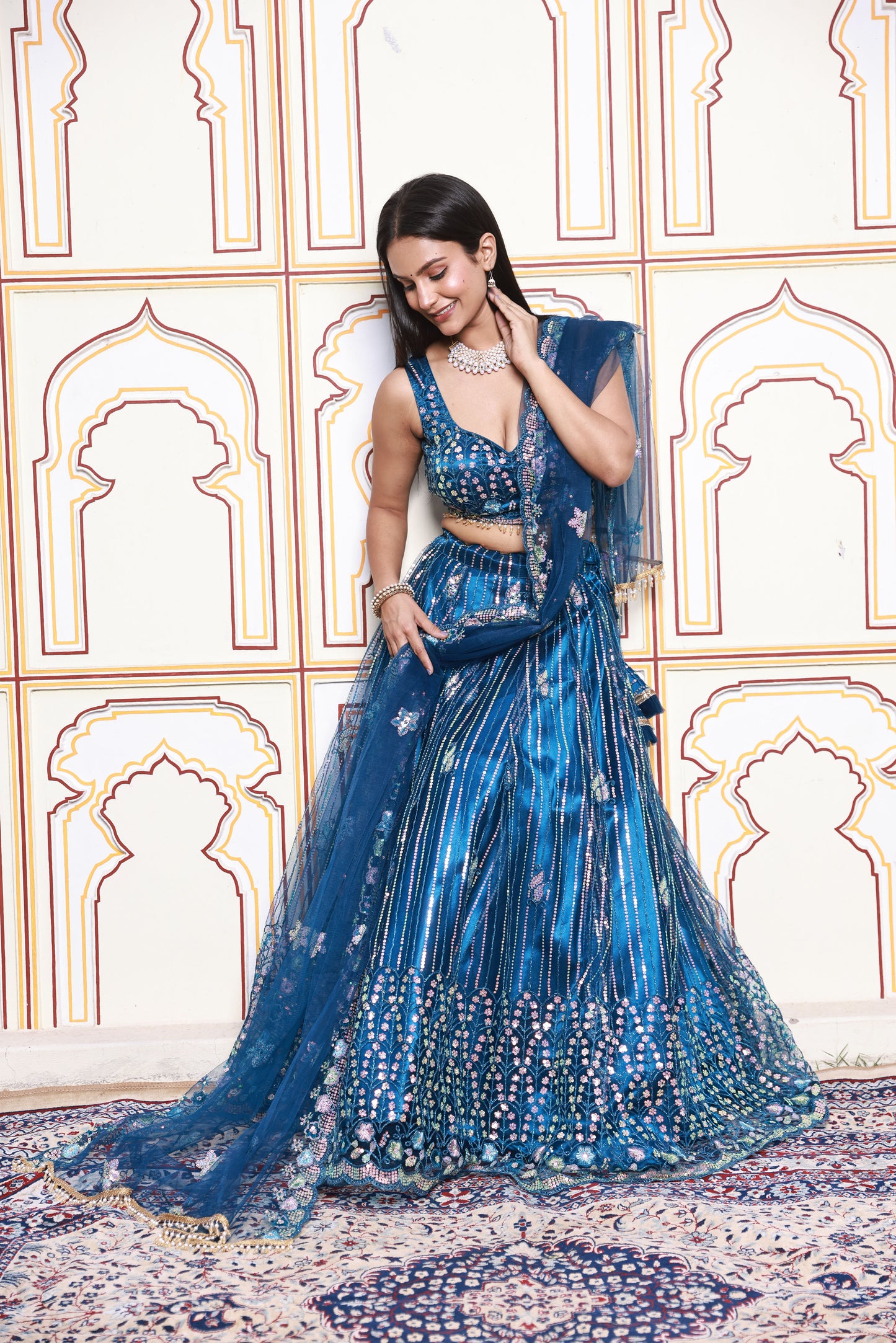 Dark Cerulean Sparkle Embroidered Net Lehenga
