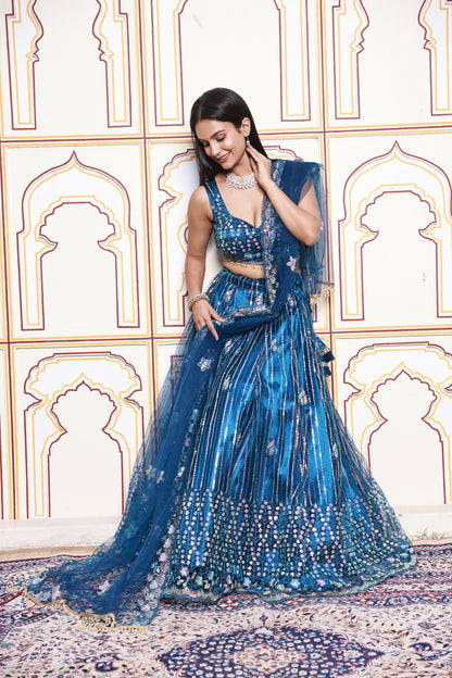 Dark Cerulean Sparkle Embroidered Net Lehenga