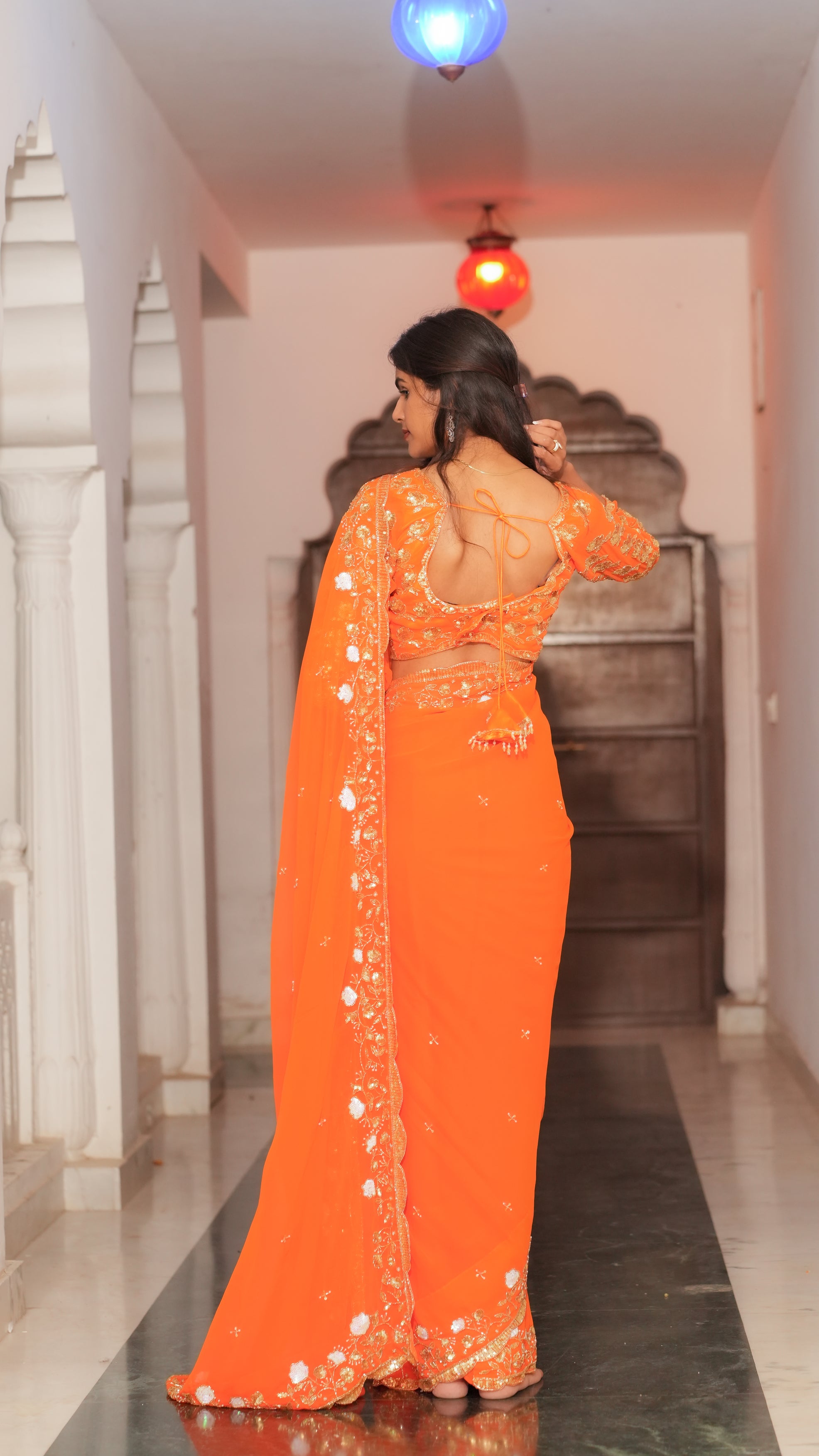 Orange Hand Embroidery Georgette Saree