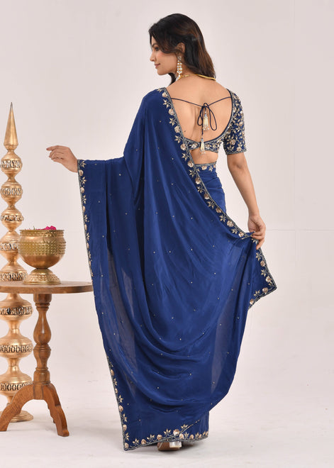 Dark Blue Hand-Embroidered Silk Saree