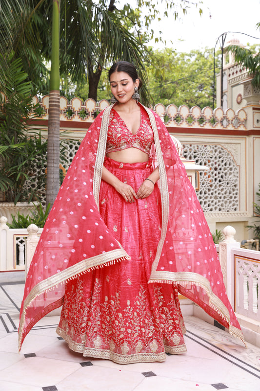 Red Floral Embroidered Raw Silk Lehenga