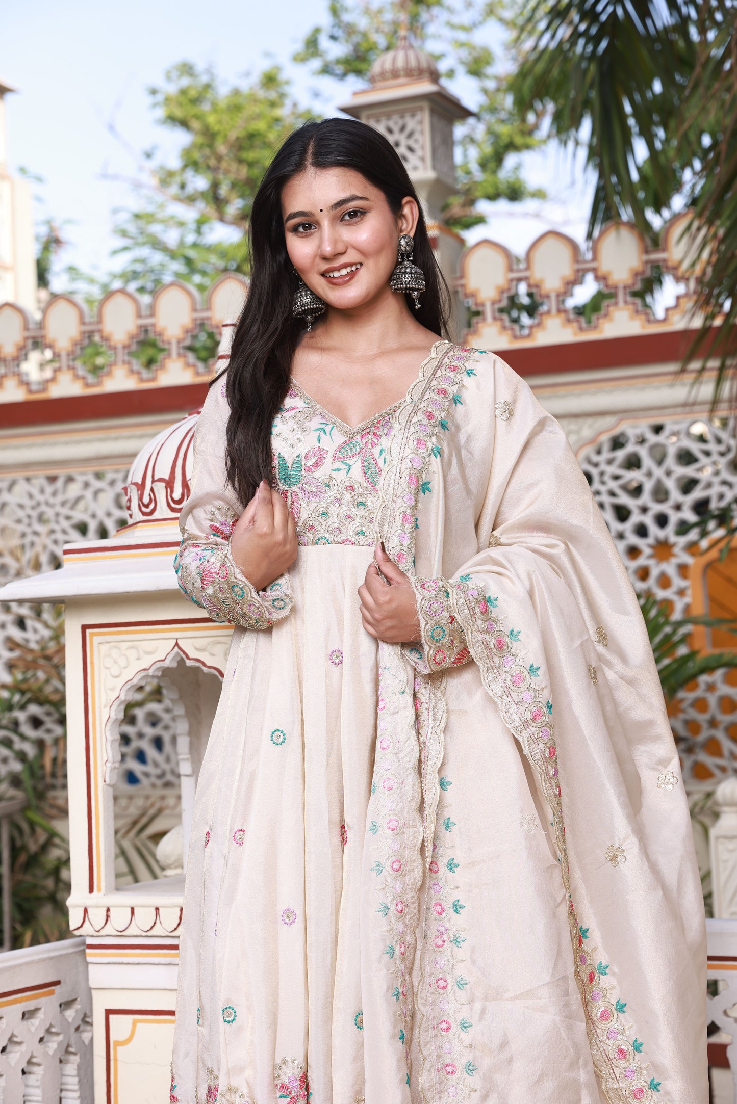 Light Beige Floral Hand-Work Crepe Silk Gown