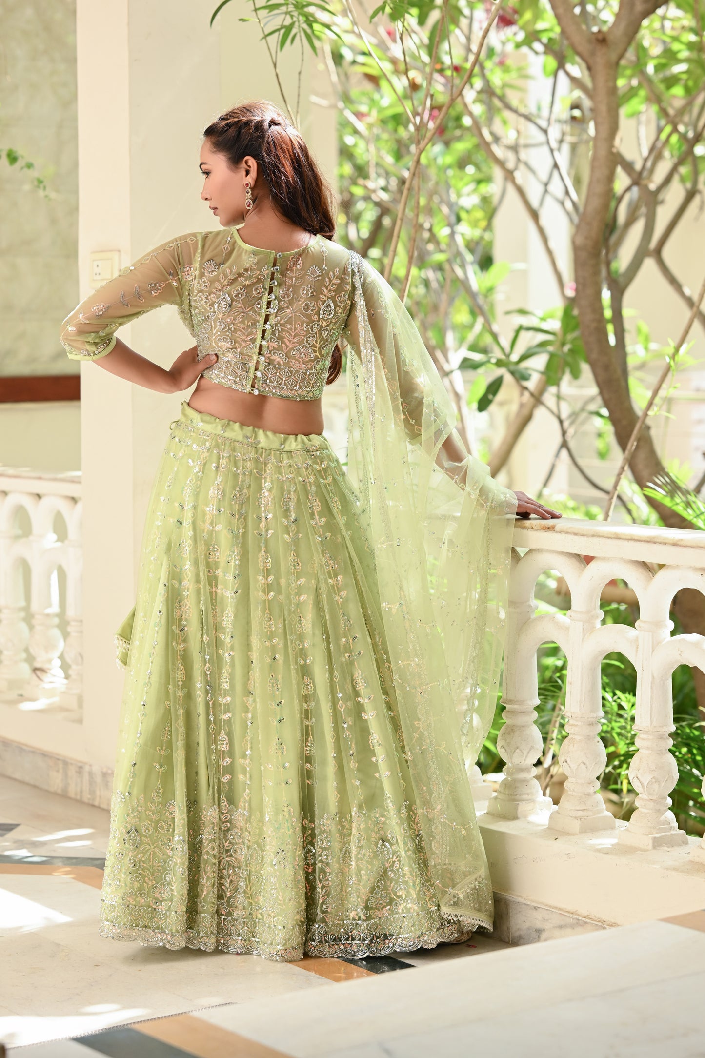 Light Pastel Green Sparkle Embroidered Net Lehenga
