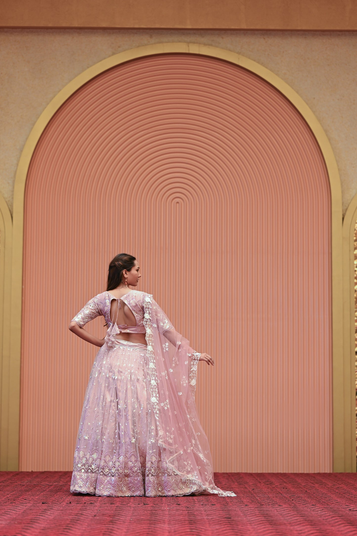 Light Pastel Pink Embroidered Net Lehenga