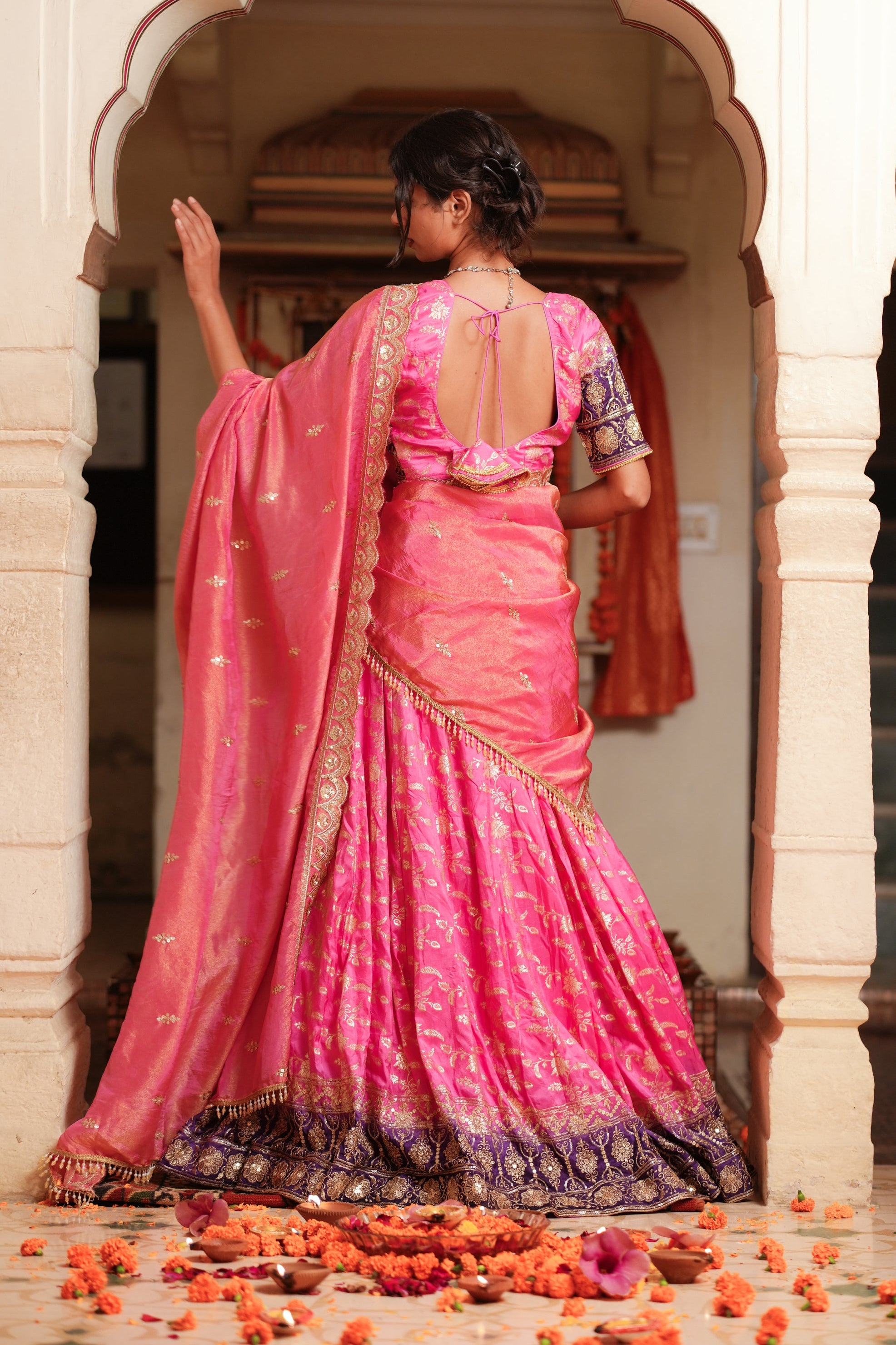 Pink and Purple Embroidered Banarasi Silk Lehenga