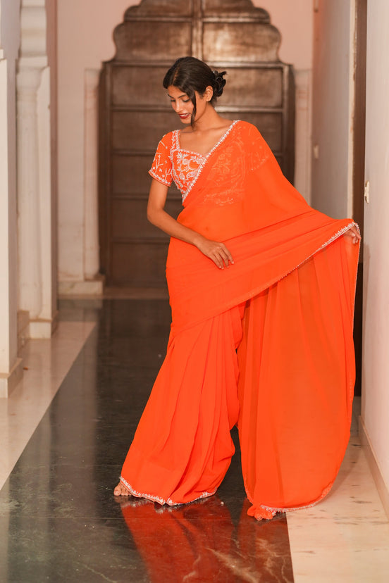 Orange Hand EmbroideryGeorgette Saree