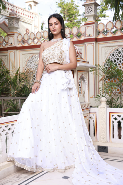 White Hand-Work One Shoulder Style Georgette Lehenga