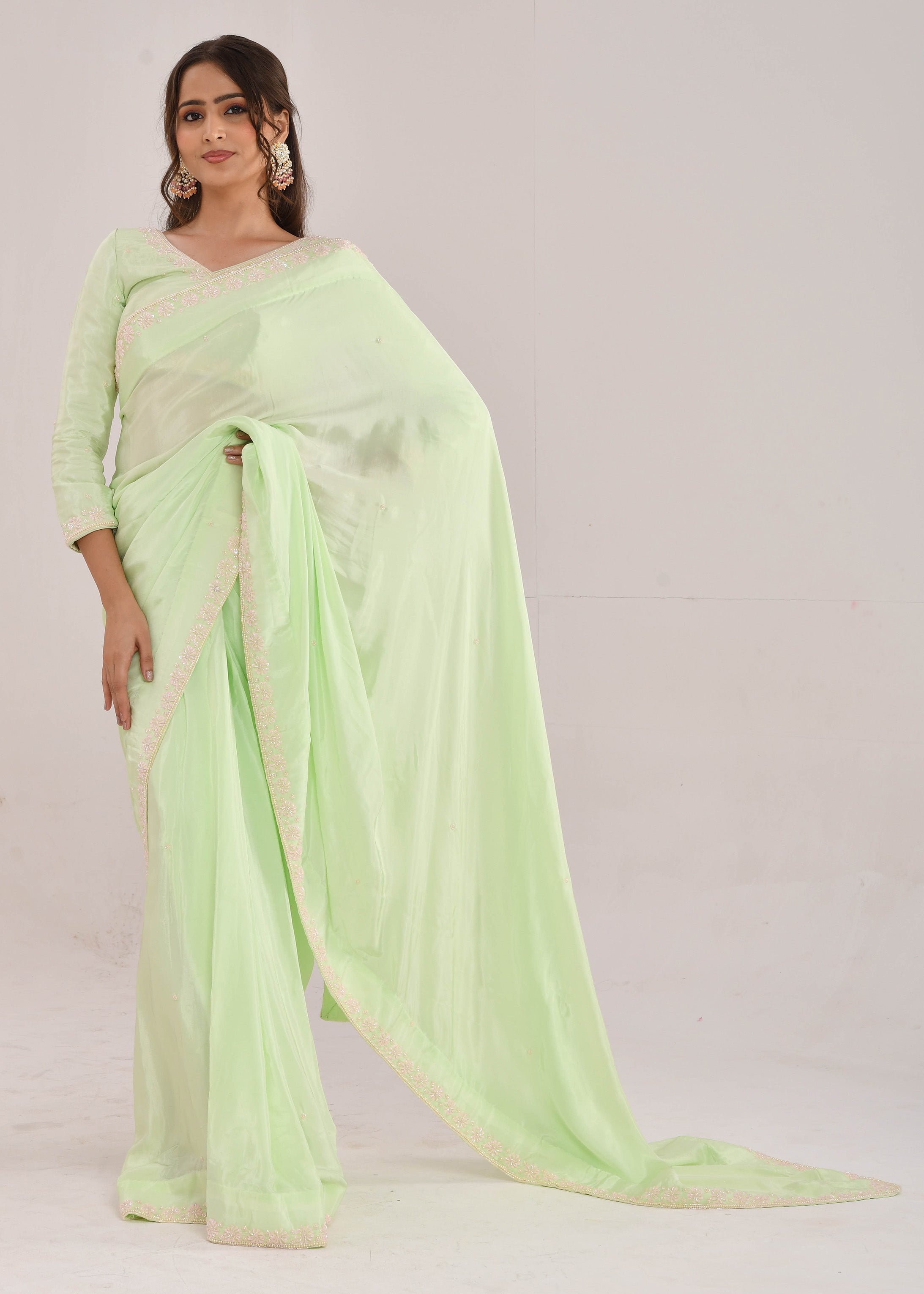 Mint Green Hand-Embroidered Georgette Saree