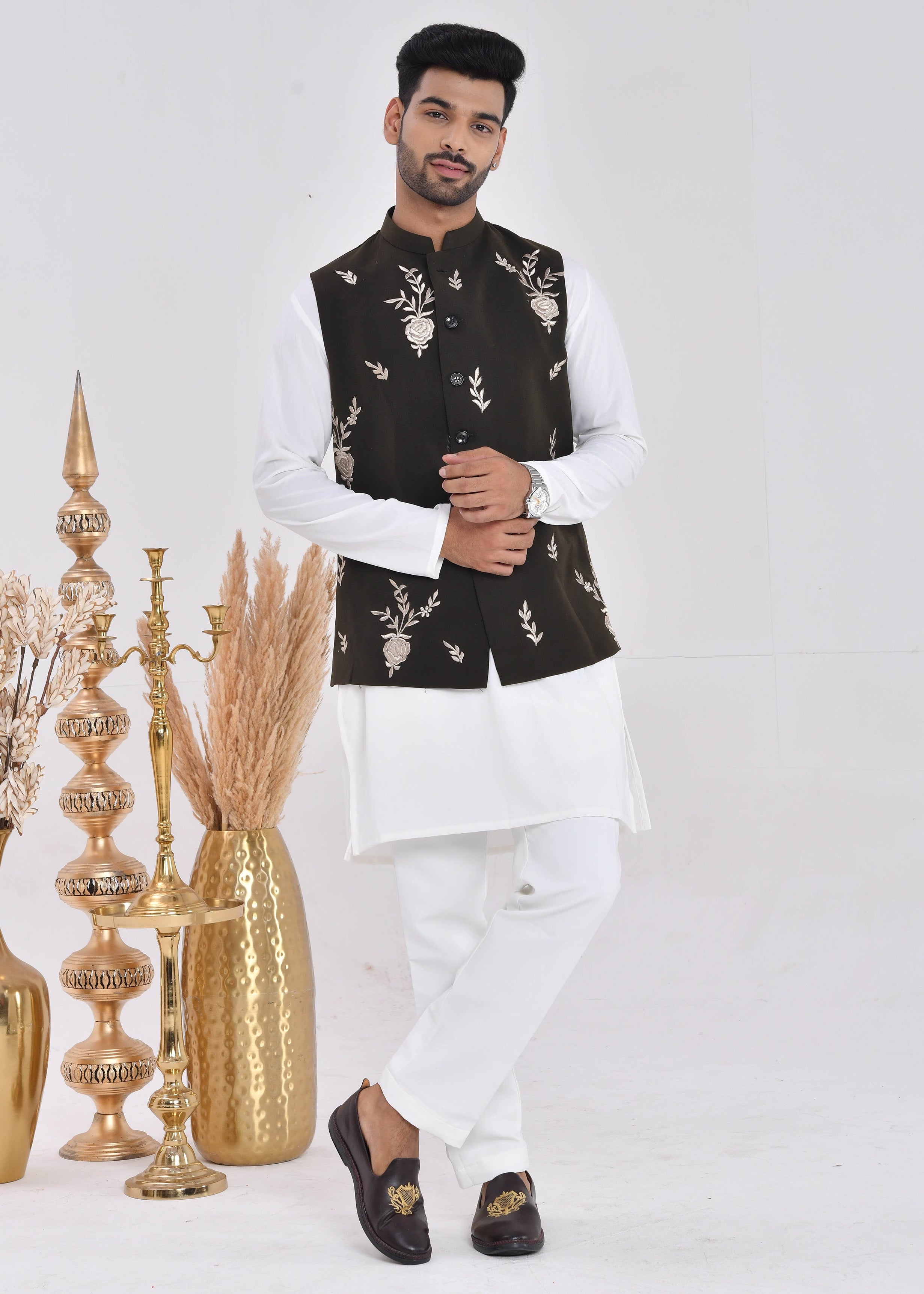 Dark Green Embroidered Raw Silk Nehru Jacket Set