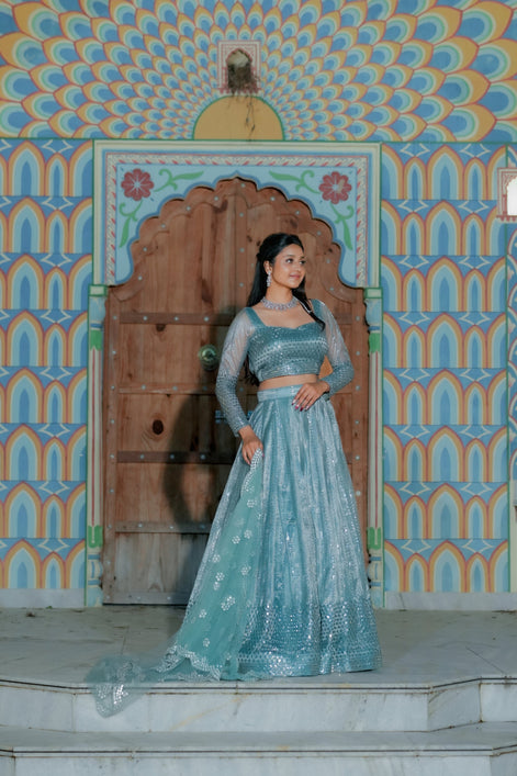 Light Blue Embroidered Chiffon Lehenga