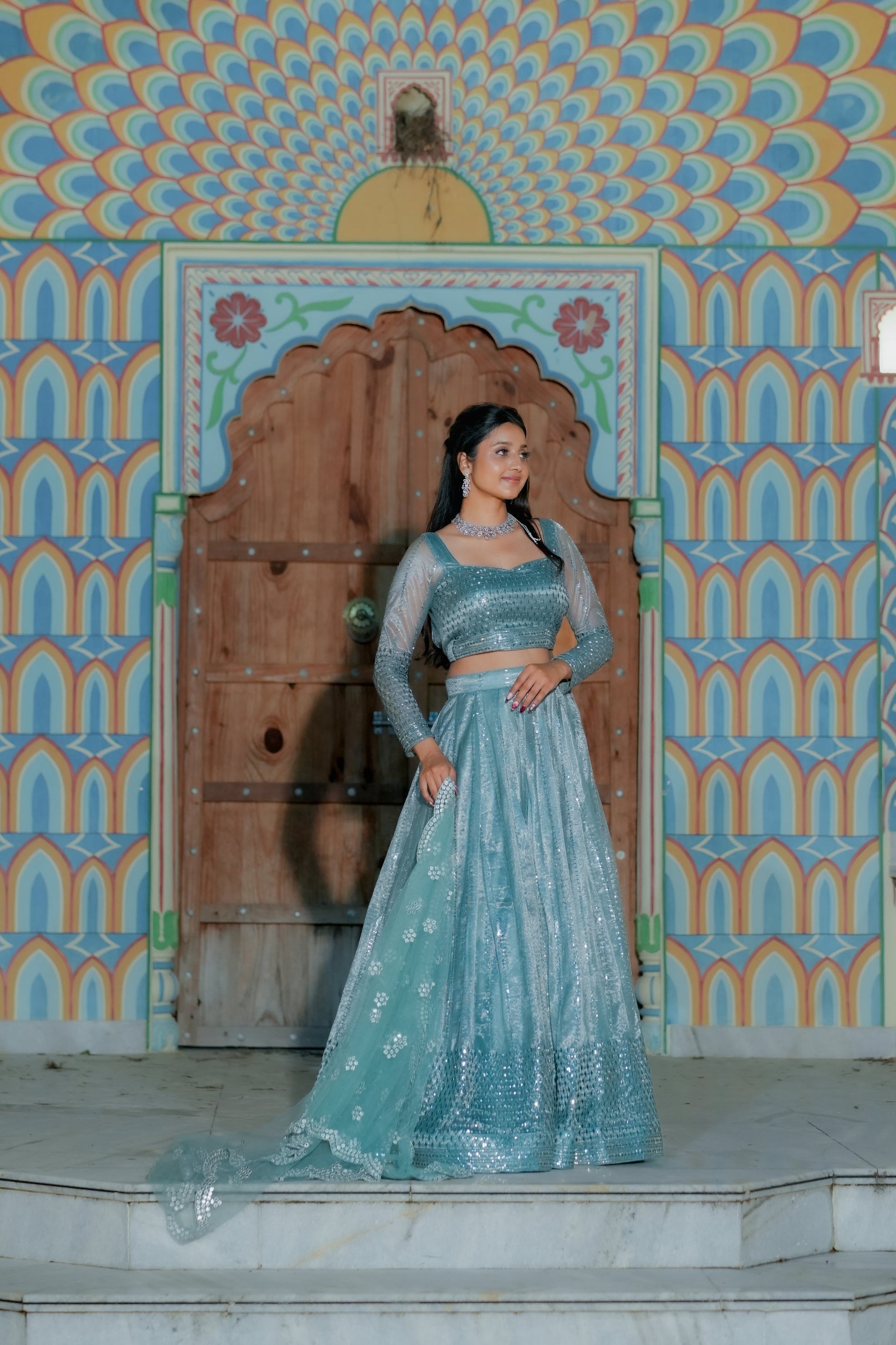 Light Blue Embroidered Chiffon Lehenga