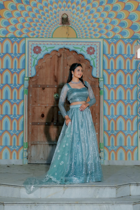 Light Blue Embroidered Chiffon Lehenga