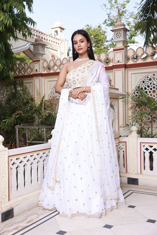 White Hand-Work One Shoulder Style Georgette Lehenga